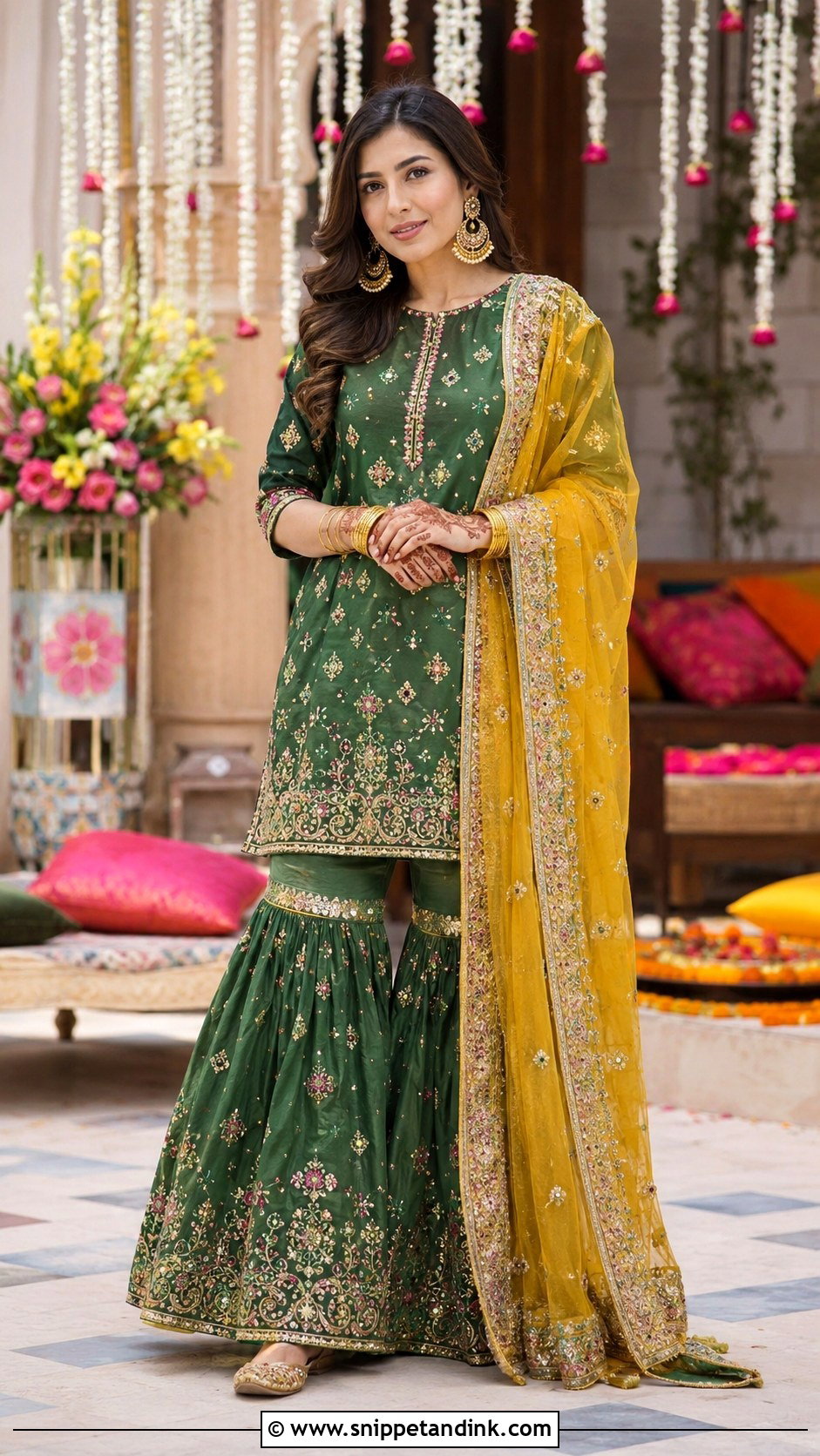 Green Mehndi Gharara Outfit - Snippet and Ink - 30 Pakistani Wedding Outfits Sisters