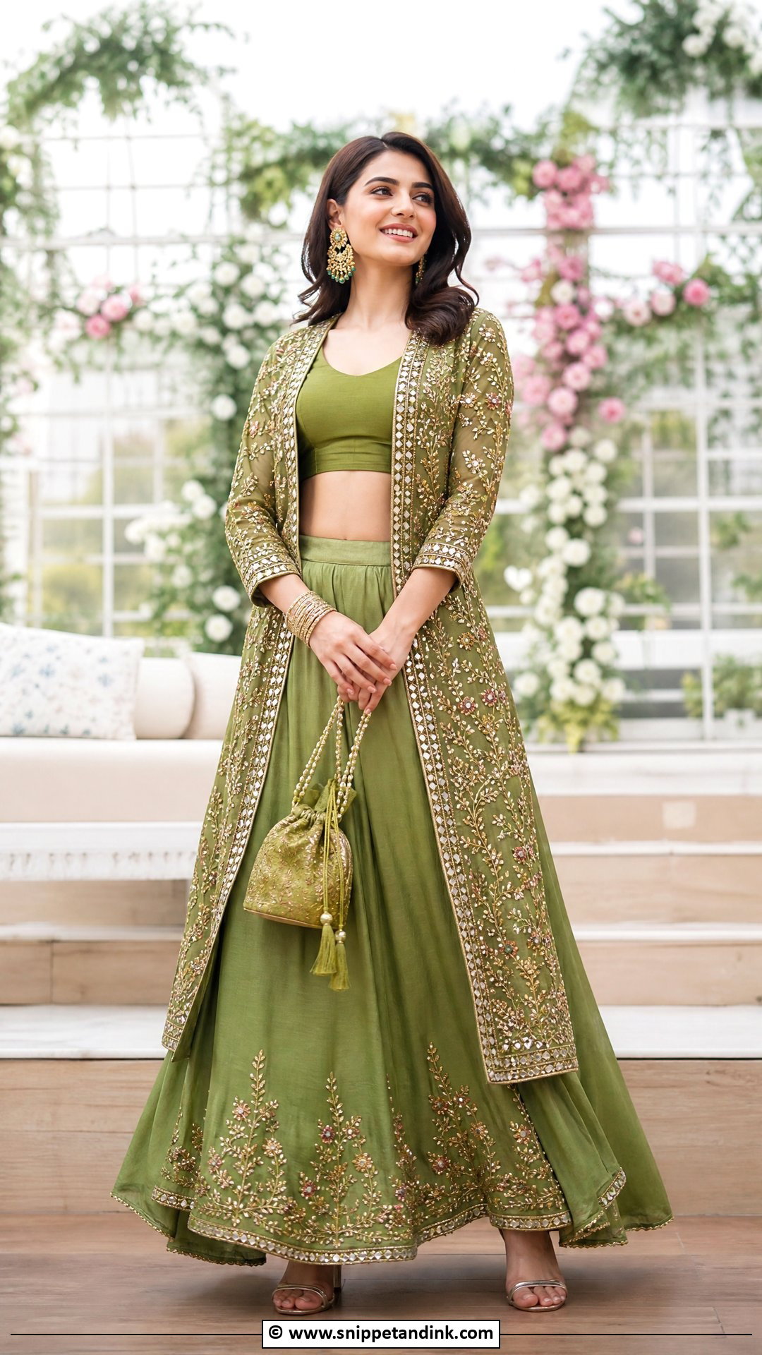 Green Mehndi Jacket Set With Lehenga - Snippet and Ink - 35 Mehndi Dresses
