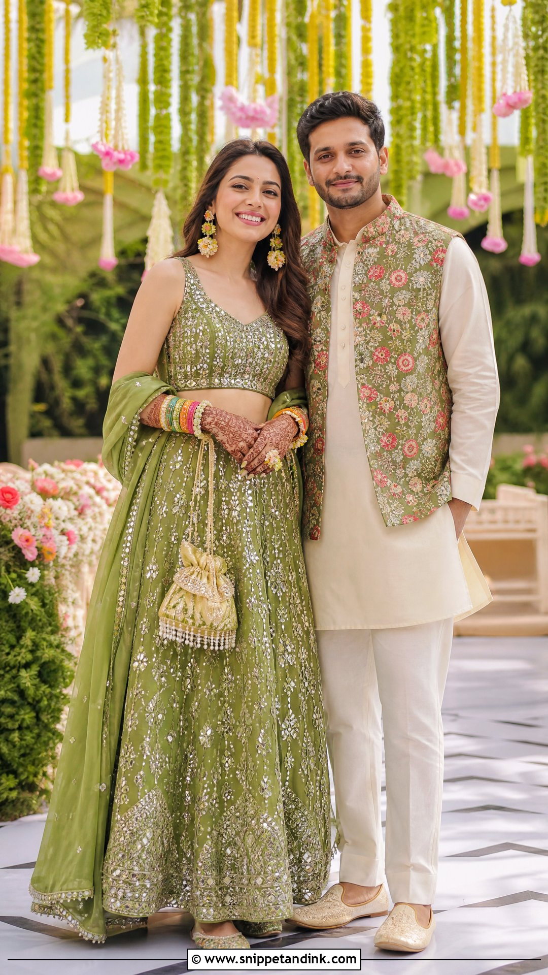 Green Mehndi Lehenga And Floral Groom Jacket - Snippet and Ink - 25 Indian Wedding Couple Dress Ideas
