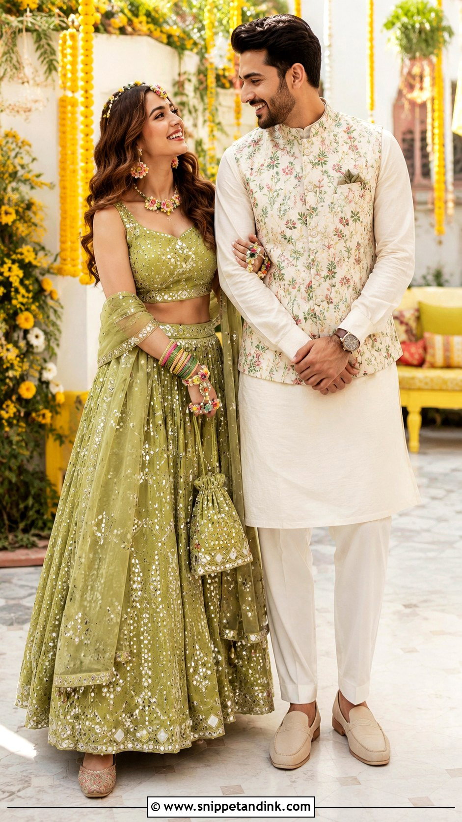 Green Mehndi Lehenga And Floral Kurta Outfit - Snippet and Ink - 20 Indian Couple Wedding Outfit Ideas