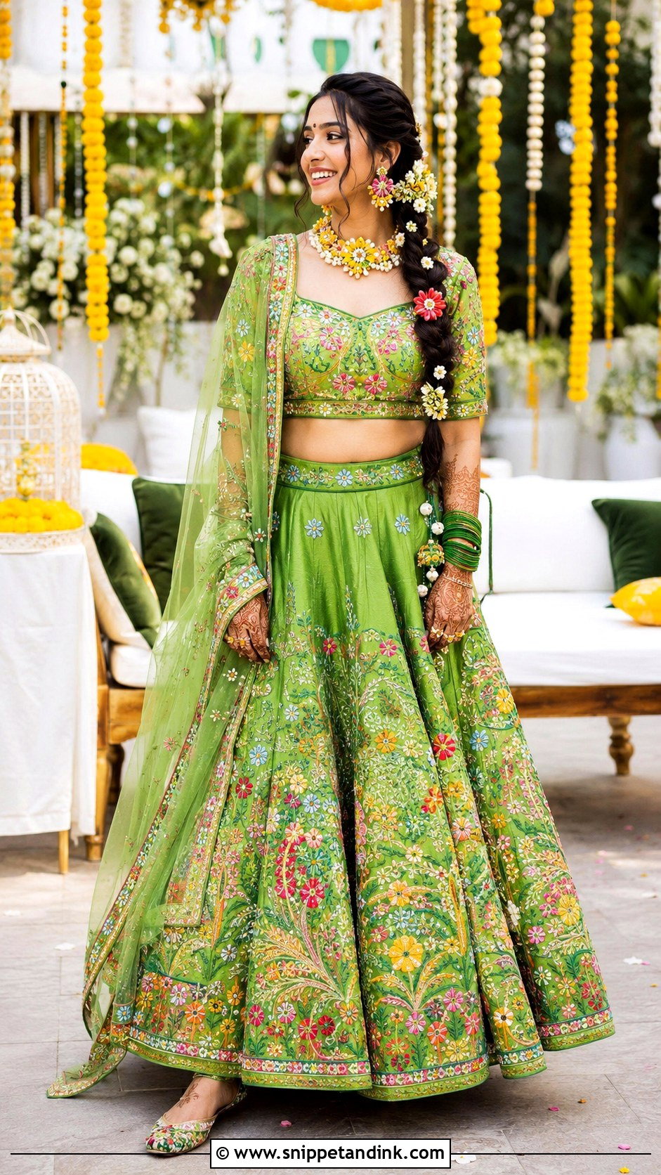 Green Mehndi Lehenga With Floral Jewelry - Snippet and Ink - 20 South Asian Wedding Dress Ideas