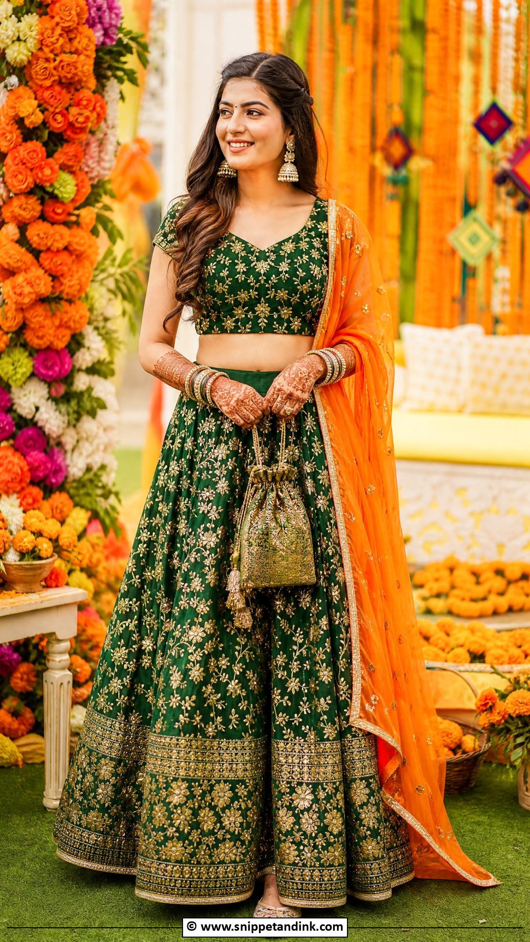 Green Mehndi Lehenga With Orange Dupatta - Snippet and Ink - 35 Mehndi Dresses