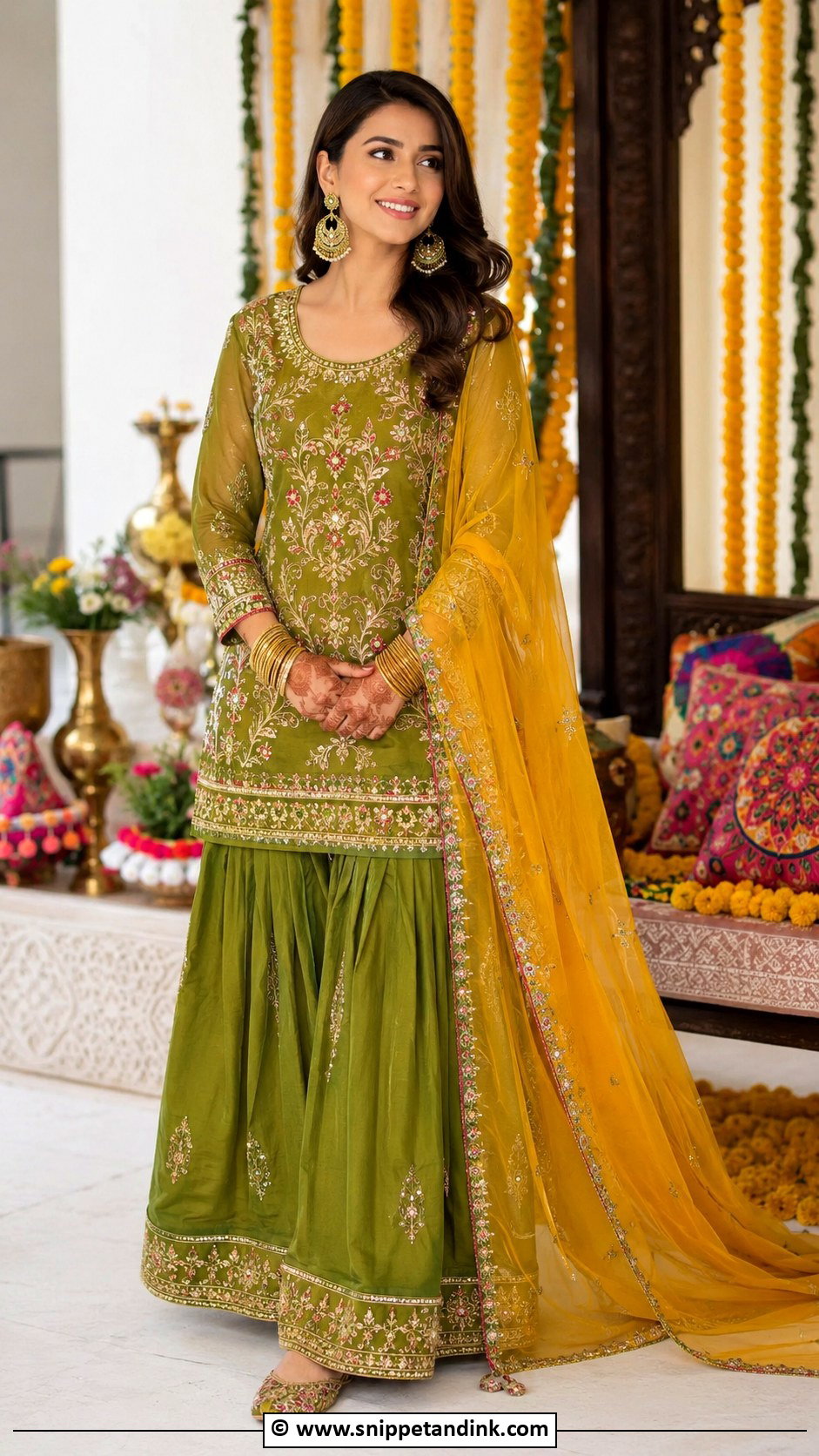 Green Mehndi Sharara Dress - Snippet and Ink - 30 Pakistani Mehndi Dresses