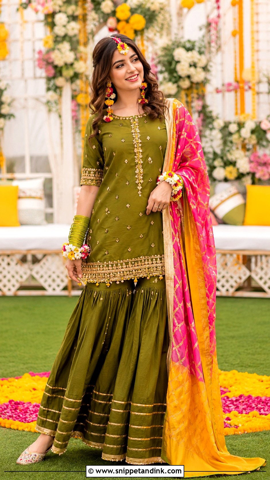 Green Mehndi Sharara With Gota Work - Snippet and Ink - 30 Pakistani Wedding Dresses