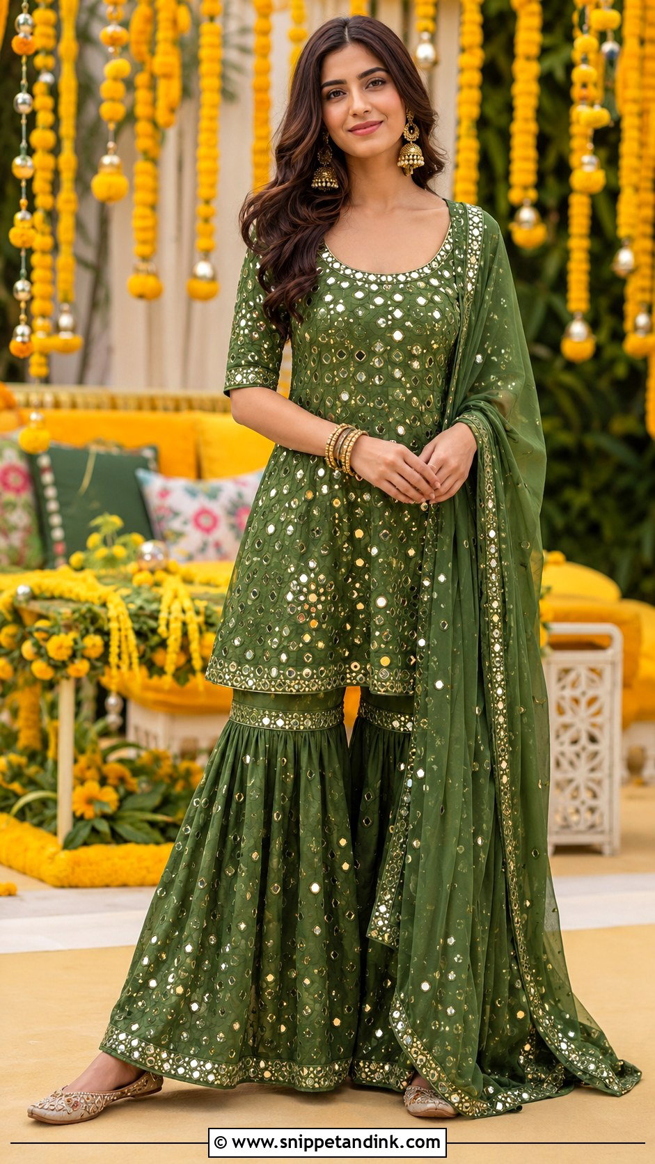 Green Mehndi Sharara With Mirror Work - Snippet and Ink - 25 Mehndi Sharara Outfit Ideas