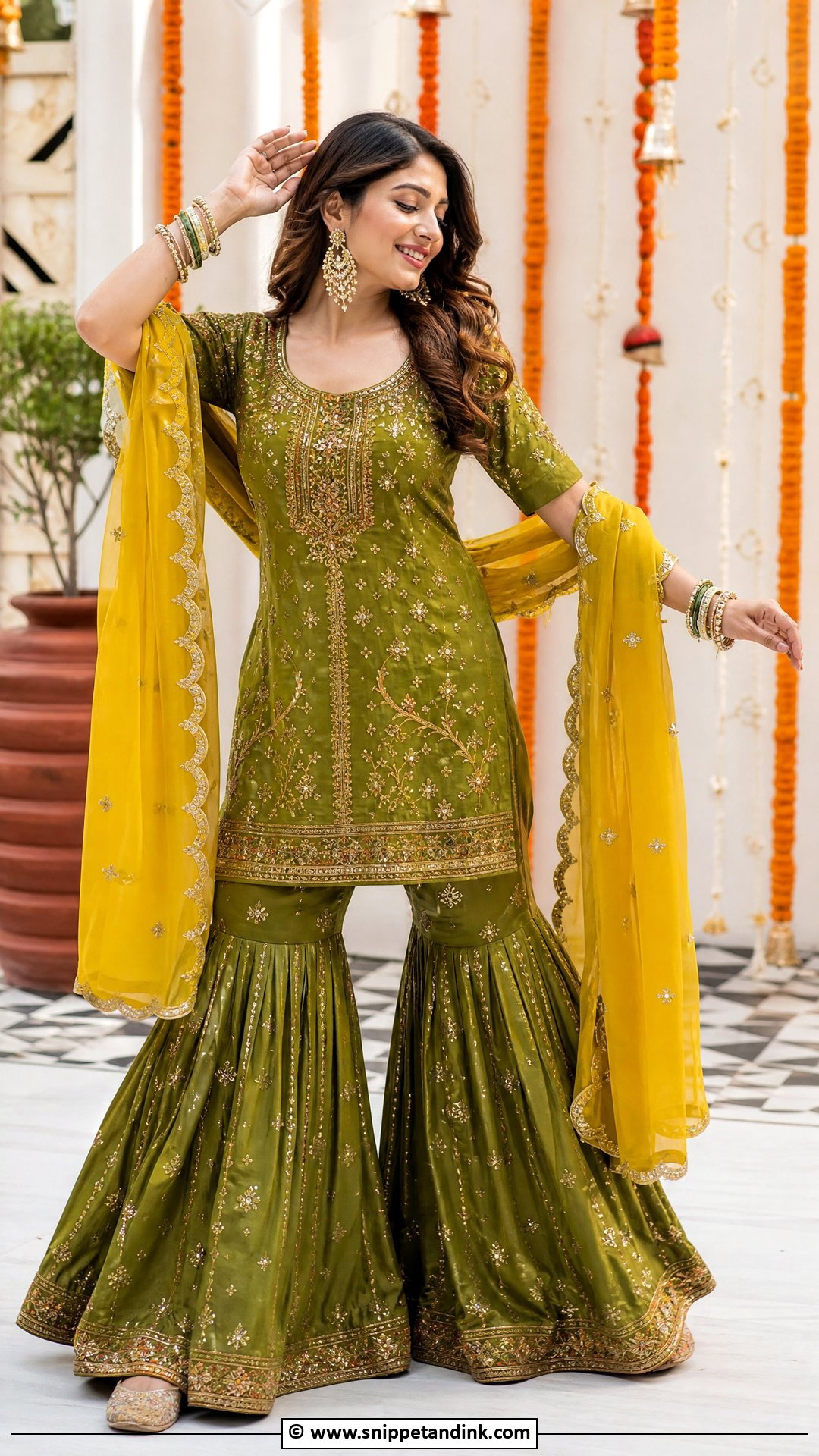 Green Mehndi Sharara With Short Kurti - Snippet and Ink - 35 Mehndi Dresses