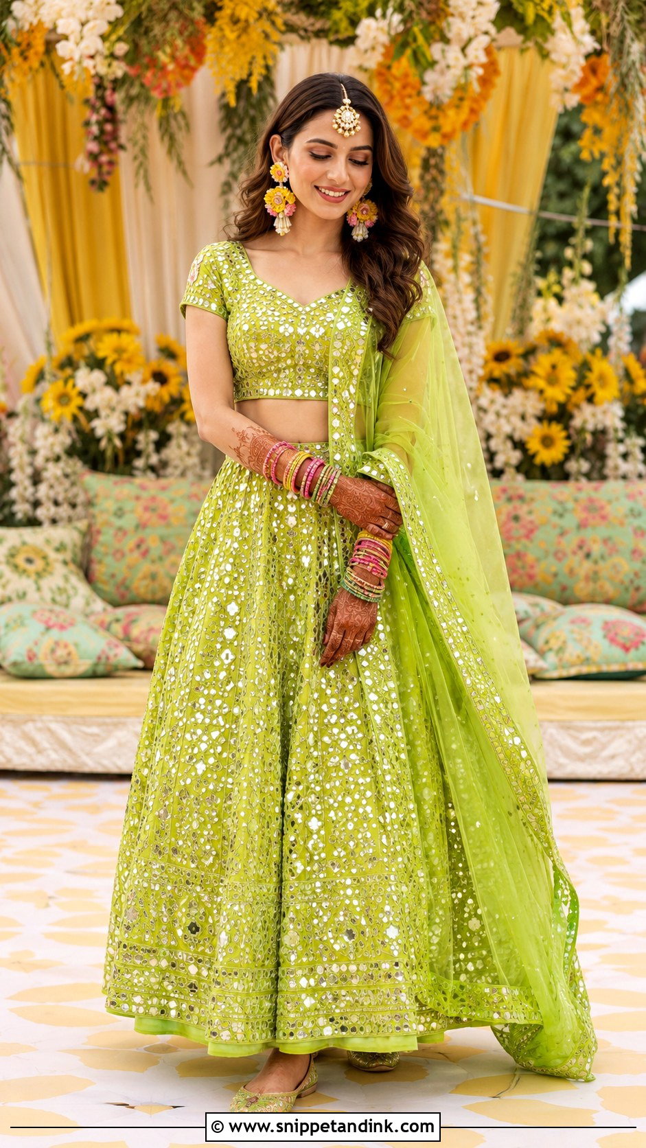 Green Mirror Work Bride Mehandi Lehenga - Snippet and Ink - 20 Bride Mehandi Outfit Ideas