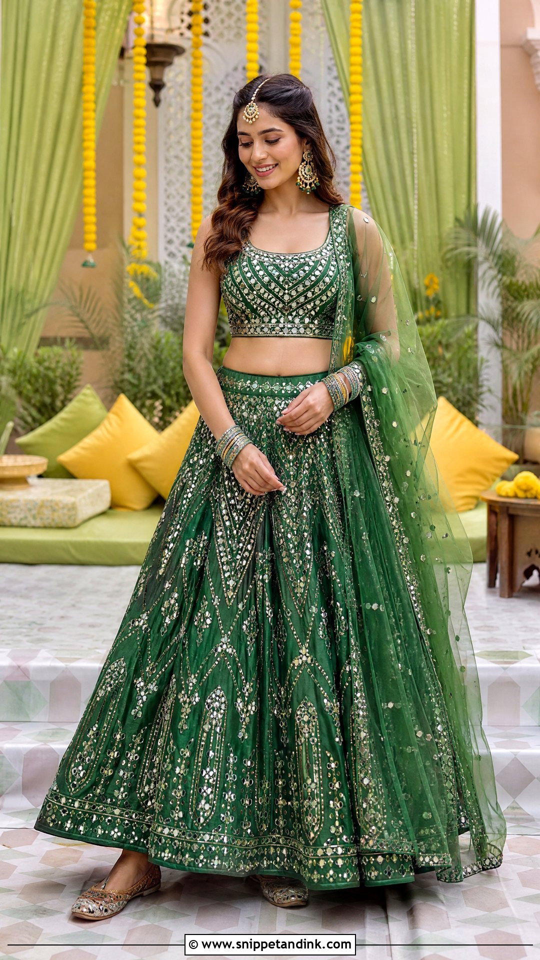 Green Mirror Work Lehenga For Mehendi - Snippet and Ink - 20 Wedding Lenghas Ideas