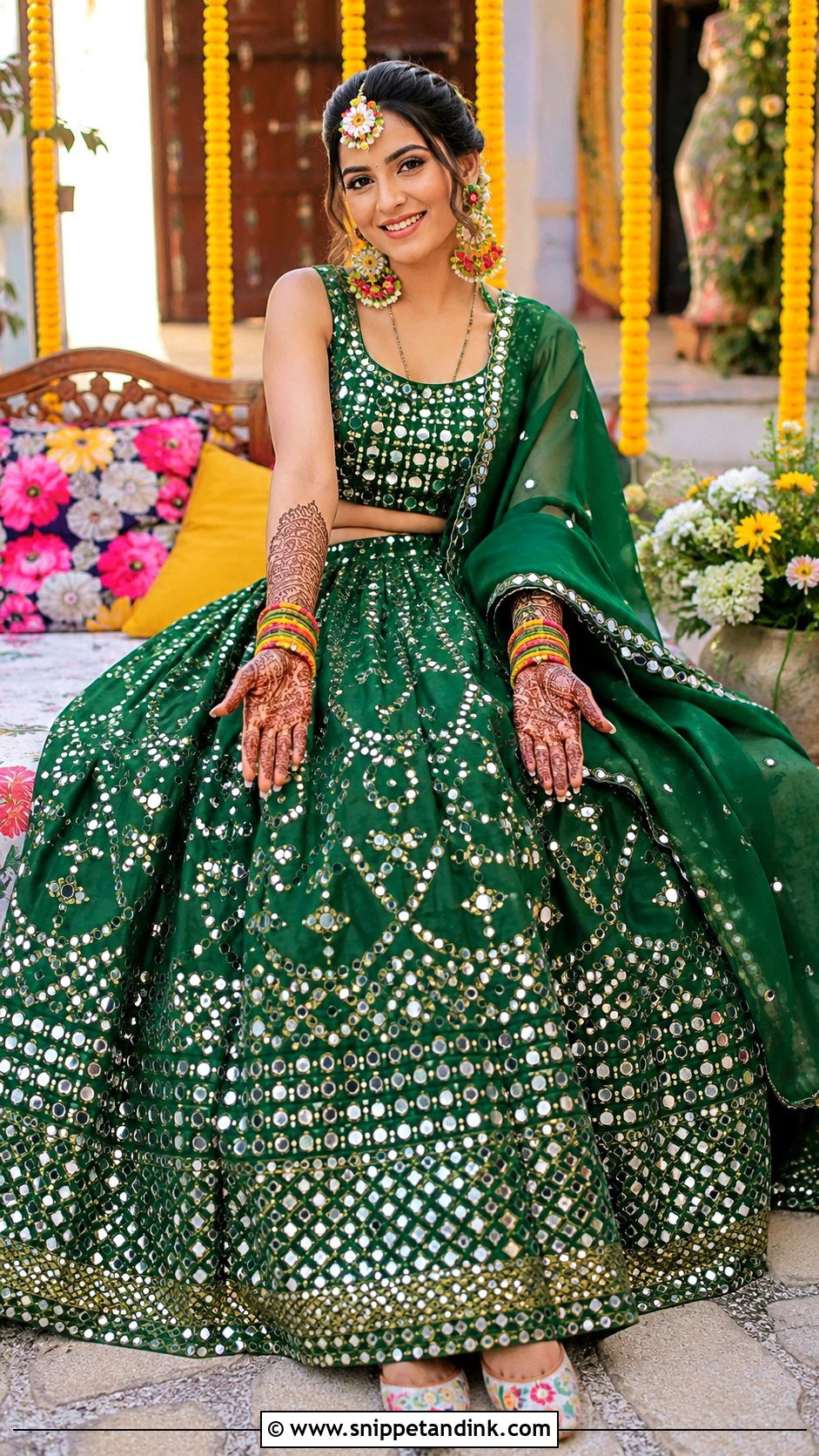Green Mirror Work Lehenga For Mehndi - Snippet and Ink - 20 Indian Pre Wedding Dress Ideas