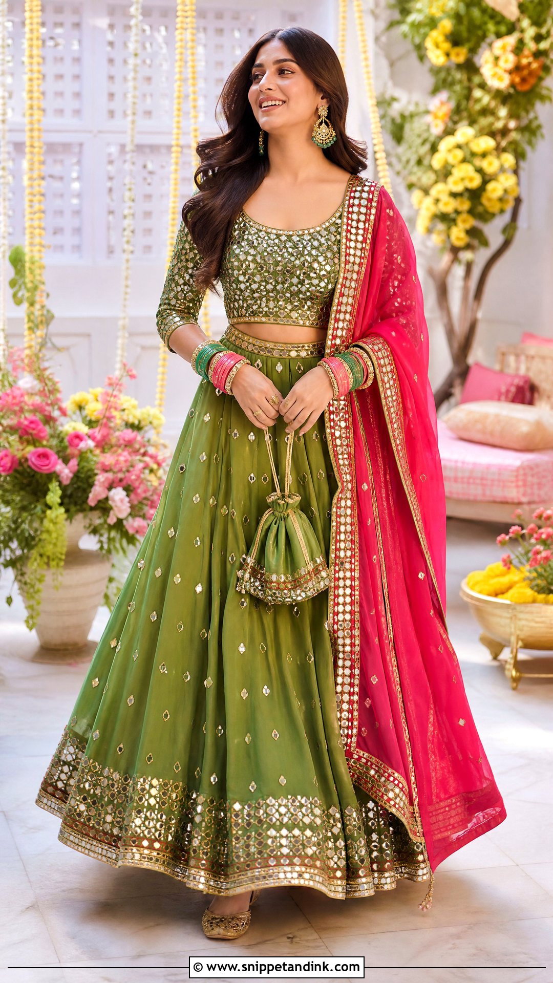 Green Mirror Work Lehenga For Mehndi - Snippet and Ink - 20 Pakistani Function Dresses