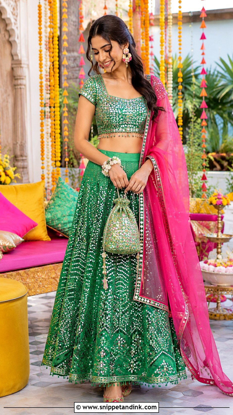 Green Mirror Work Lehenga For Mehndi Night - Snippet and Ink - 20 Mehndi Night Outfit Ideas