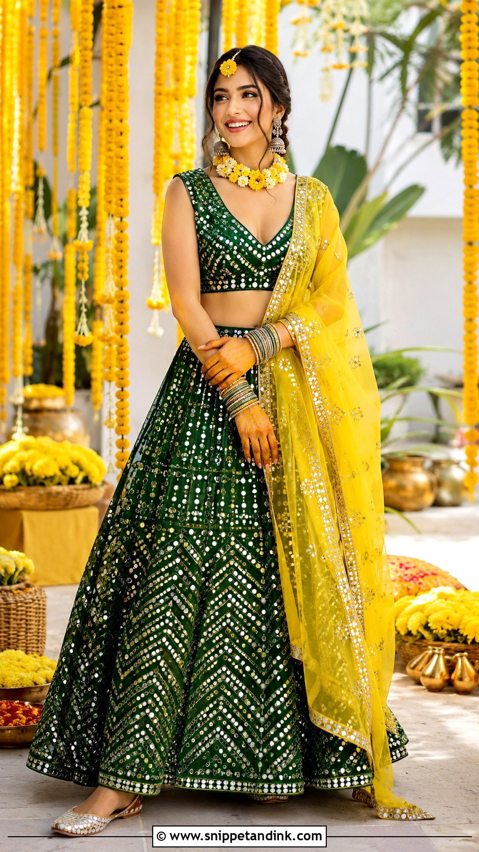 Green Mirror Work Lehenga Haldi Outfit - Snippet and Ink - 20 Colourful Haldi Outfit Ideas