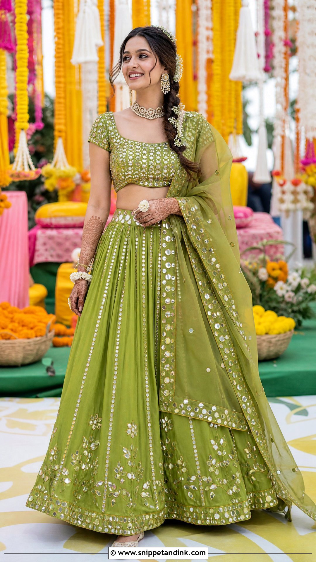 Green Mirror Work Lehenga Mehendi Outfit - Snippet and Ink - 20 Indian Bridal Mehendi Outfits