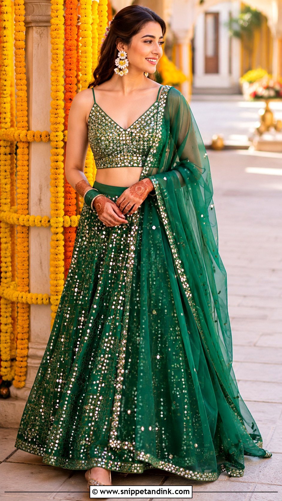 Green Mirror Work Lehenga Mehendi Outfit - Snippet and Ink - 20 Indian Wedding Mehendi Outfits
