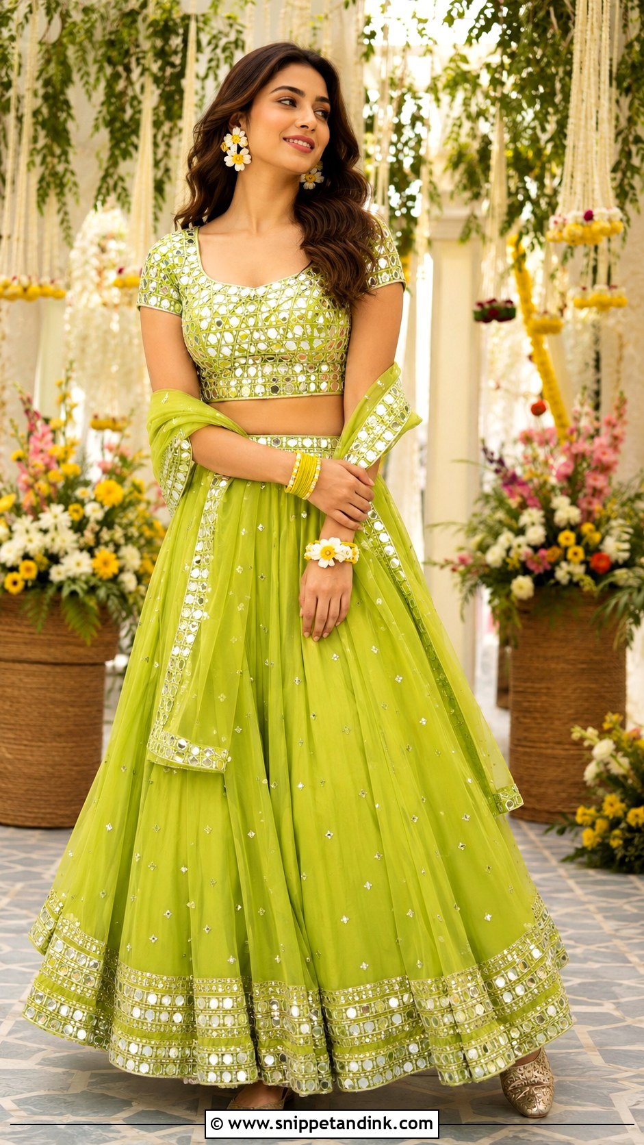 Green Mirror Work Lehenga Mehendi Outfit - Snippet and Ink - 20 Mehendi Ceremony Outfit Ideas