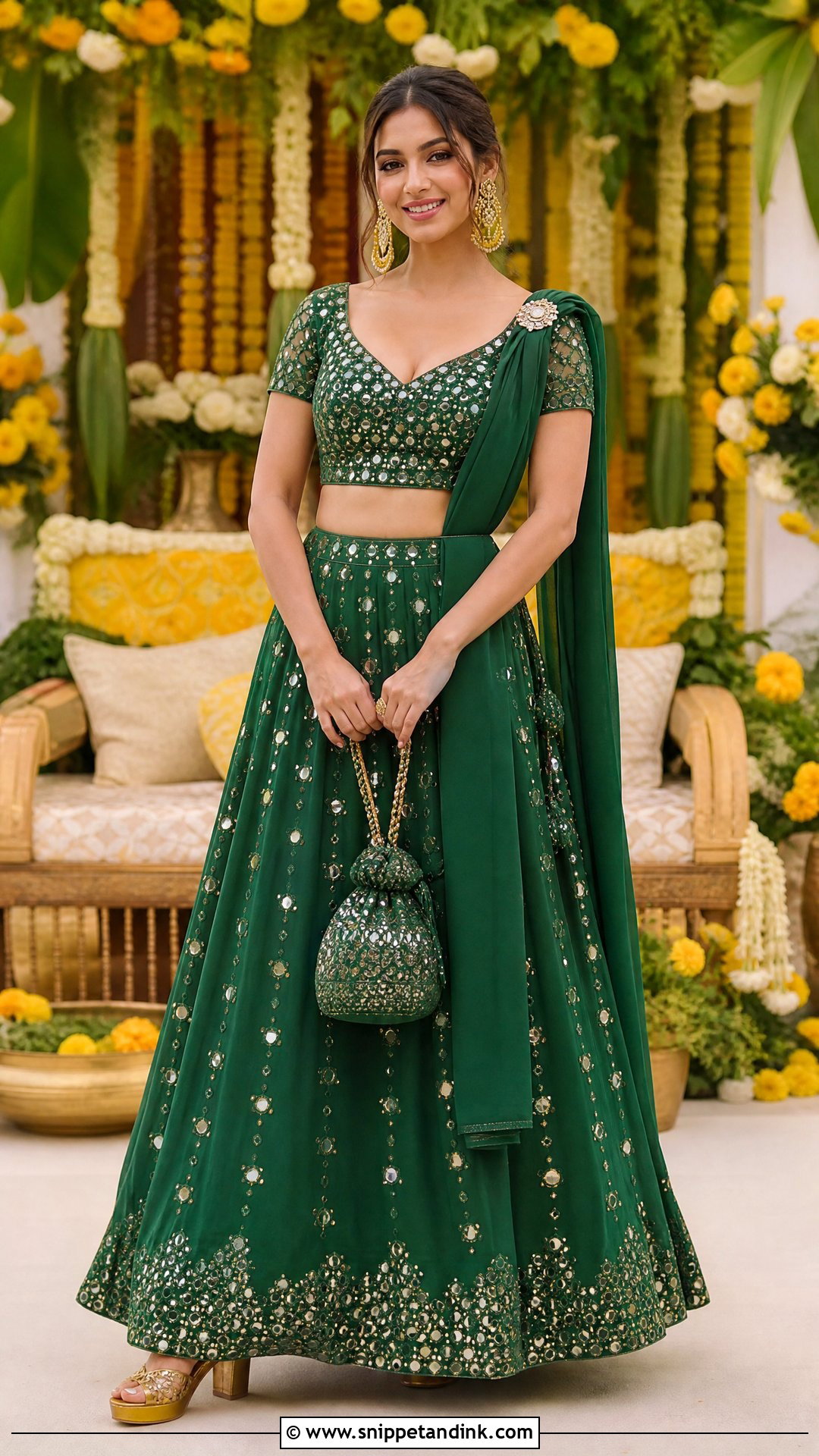 Green Mirror Work Lehenga Mehendi Outfit - Snippet and Ink - 25 Mehendi Night Outfit Ideas