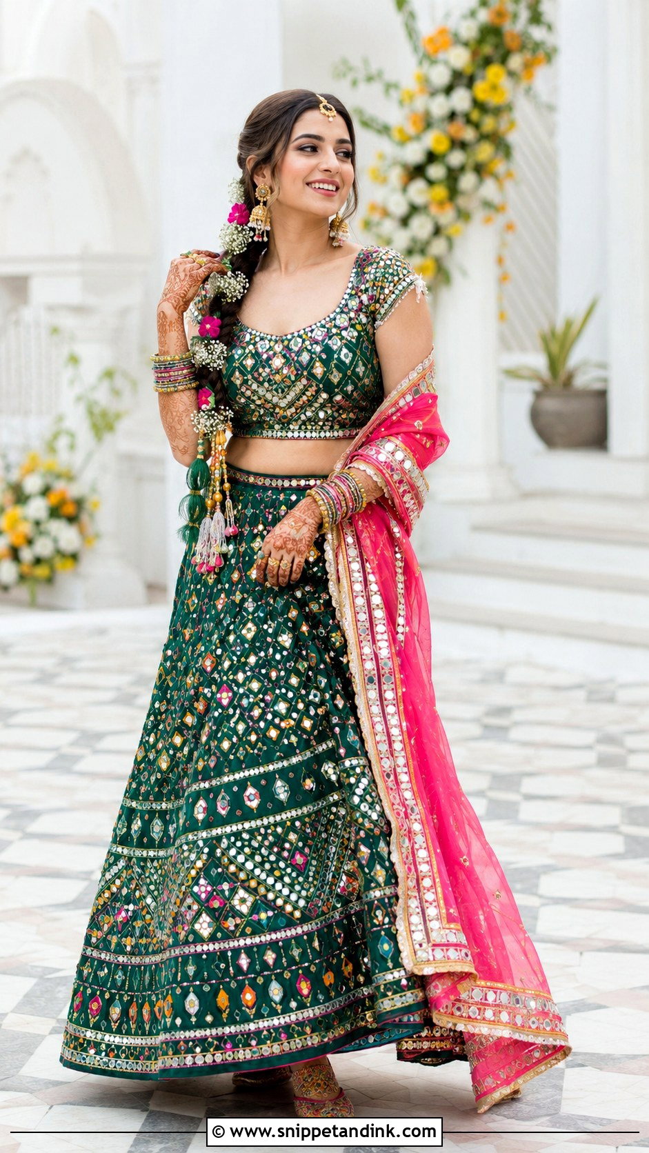 Green Mirror Work Lehenga Mehndi Bride Outfit - Snippet and Ink - 20 Haldi Mehndi Outfit for Bride Ideas