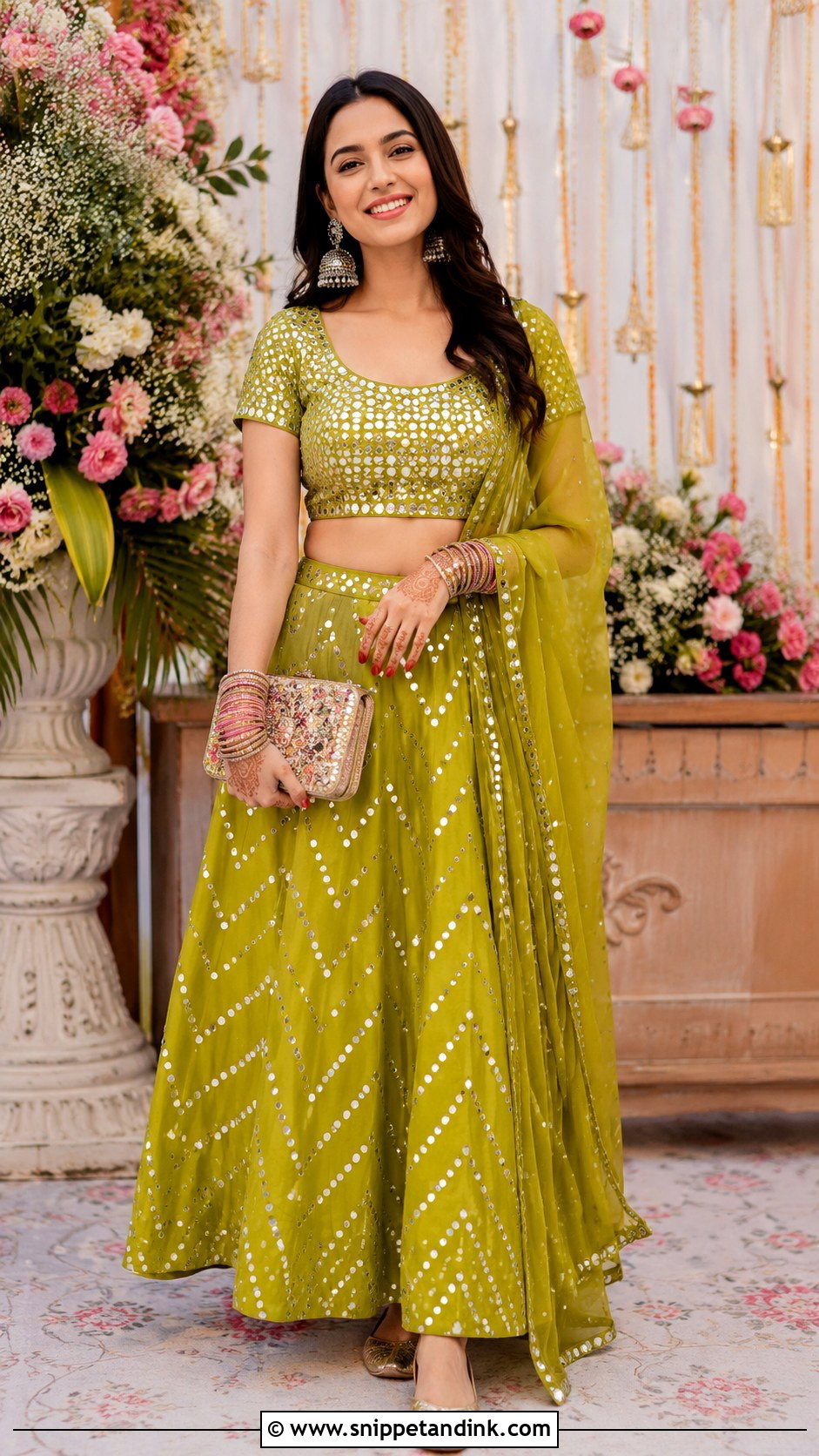 Green Mirror Work Lehenga Mehndi Outfit - Snippet and Ink - 20 Mehndi Party Dress Ideas