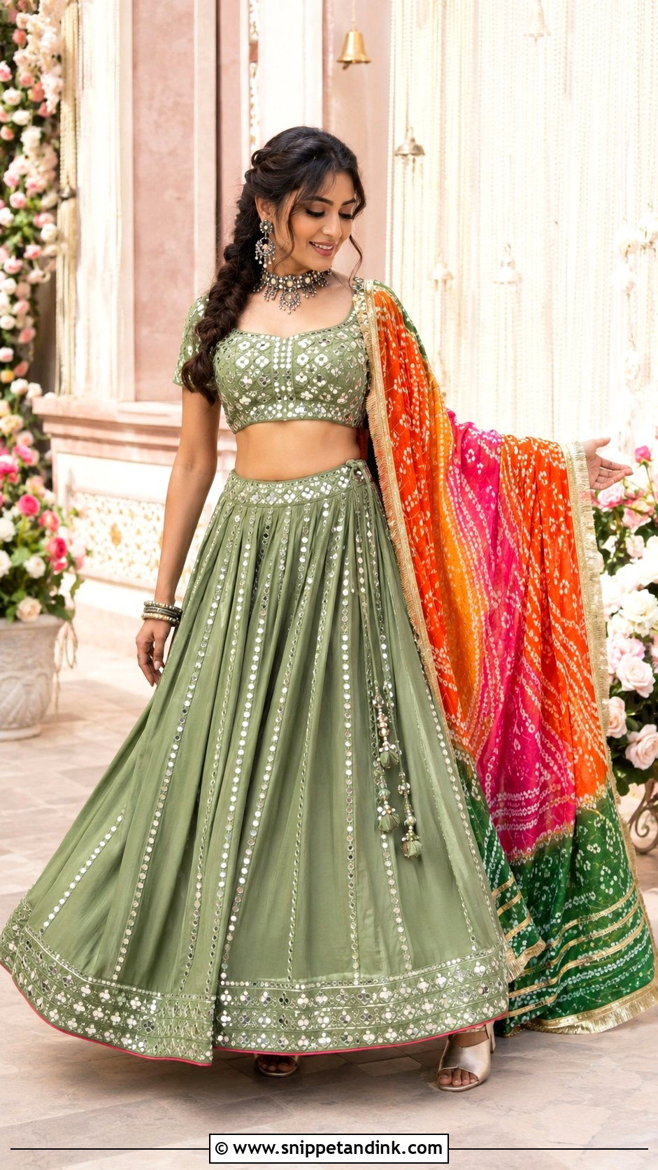 Green Mirror Work Lehenga Mehndi Outfit - Snippet and Ink - 20 Mehndi Ceremony Outfit for Sister Ideas