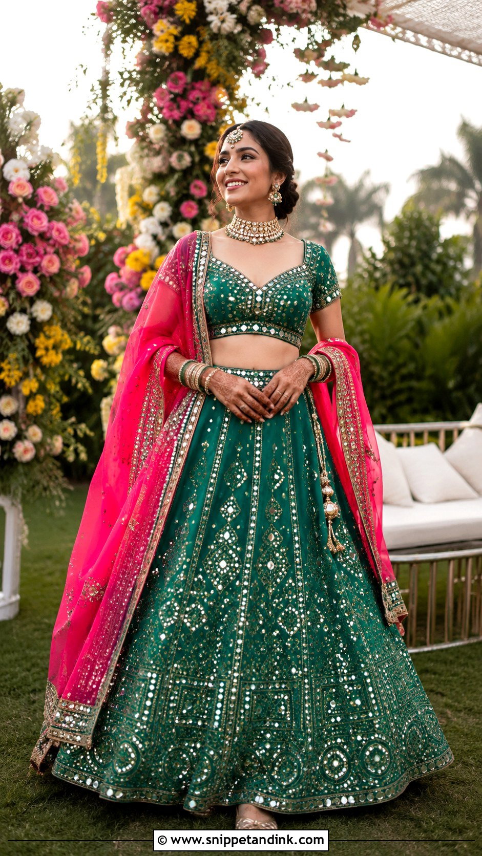 Green Mirror Work Mehandi Bridal Lehenga - Snippet and Ink - 20 Mehandi Bridal Dress Ideas