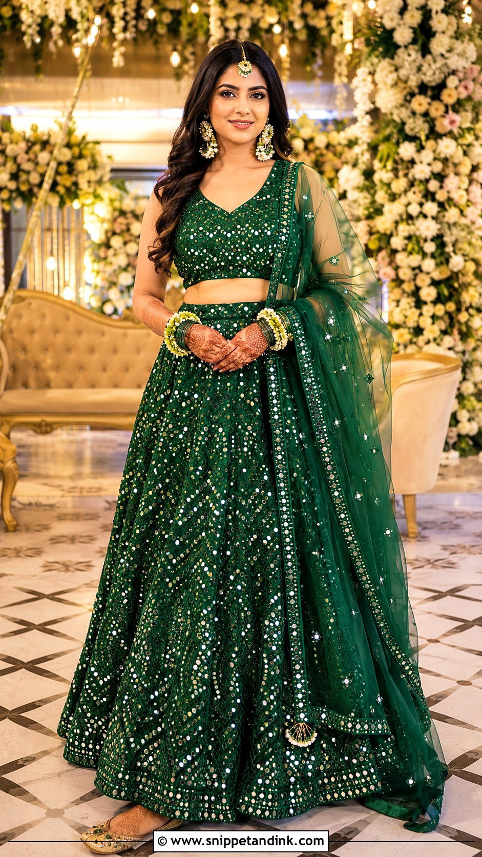 Green Mirror Work Mehandi Night Lehenga - Snippet and Ink - 20 Mehandi Night Dress for Bride Ideas