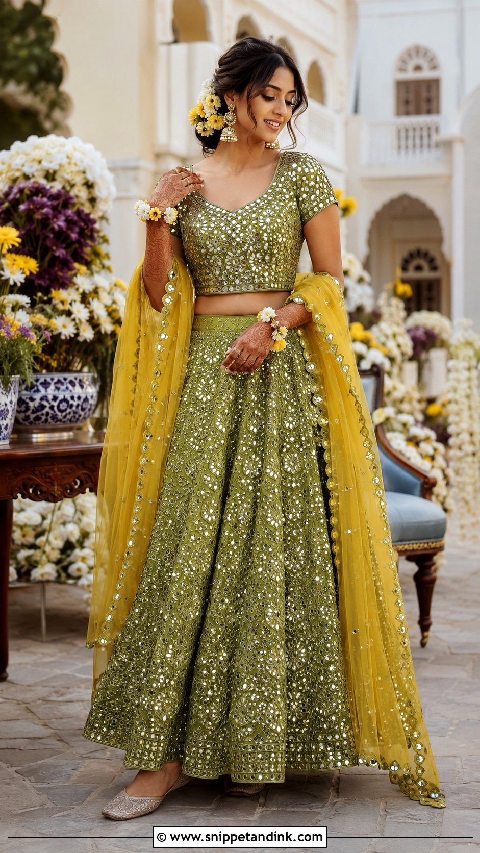 Green Mirror Work Mehendi Lehenga - Snippet and Ink - 20 Bridal Mehendi Dress Ideas