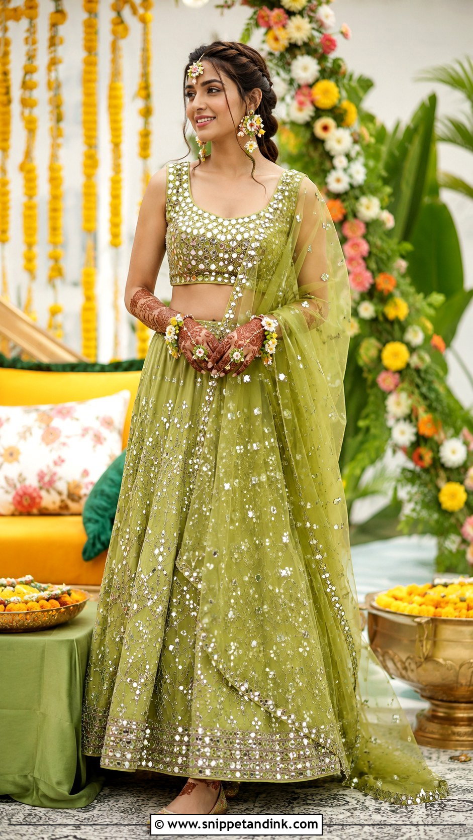 Green Mirror Work Mehendi Lehenga - Snippet and Ink - 20 Bridal Mehendi Outfits