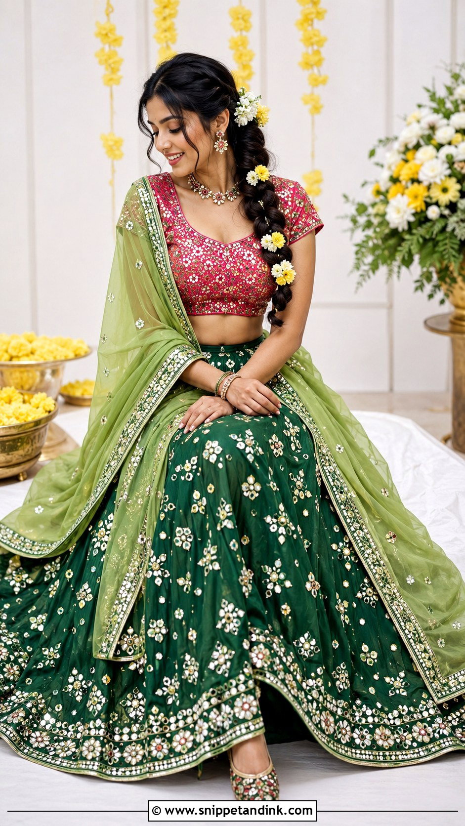 Green Mirror Work Mehndi Bridal Lehenga - Snippet and Ink - 20 Gujrati Wedding Brides Ideas