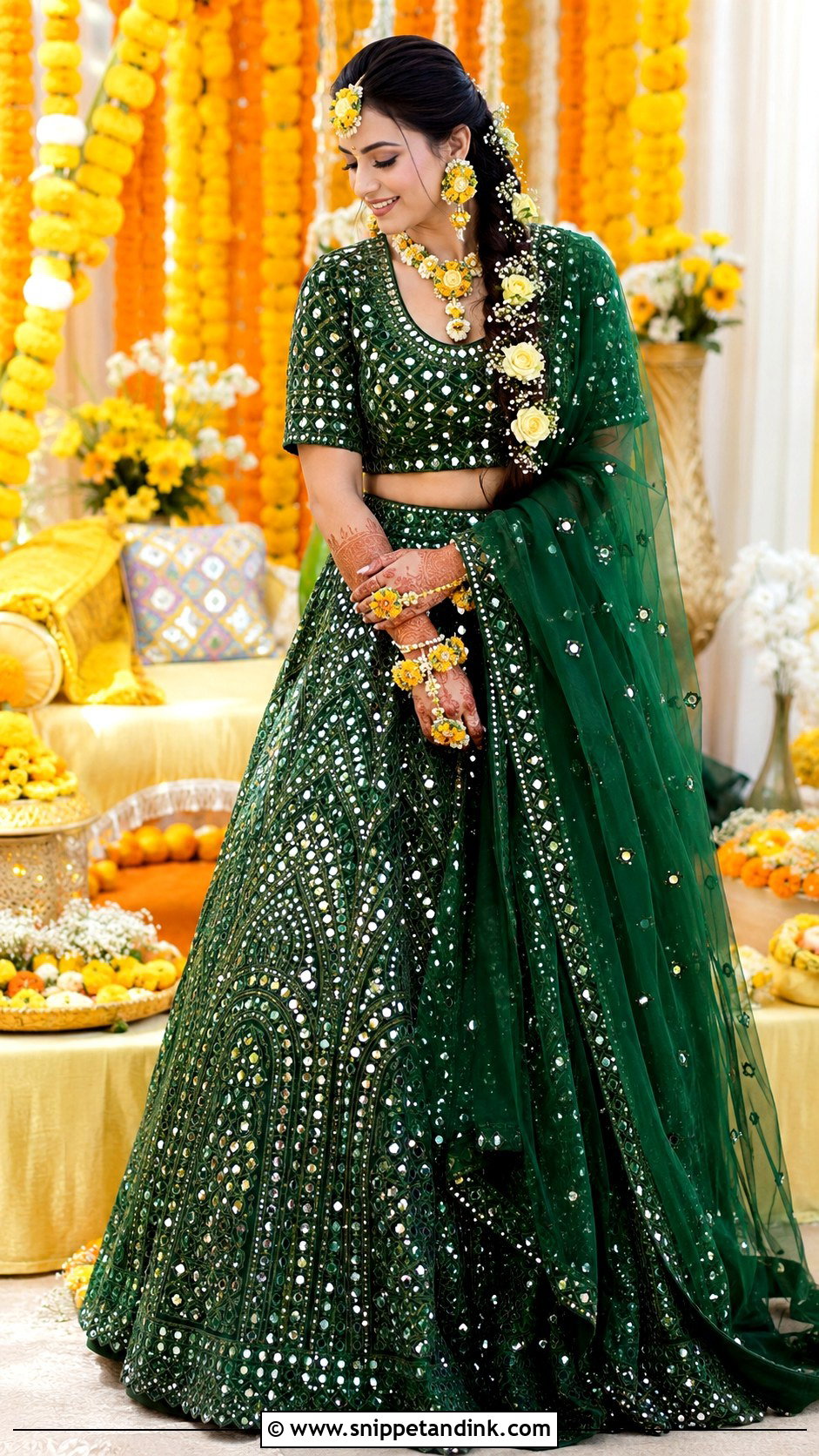 Green Mirror Work Mehndi Lehenga - Snippet and Ink - 20 Mehndi Ceremony Outfit for Bride Ideas