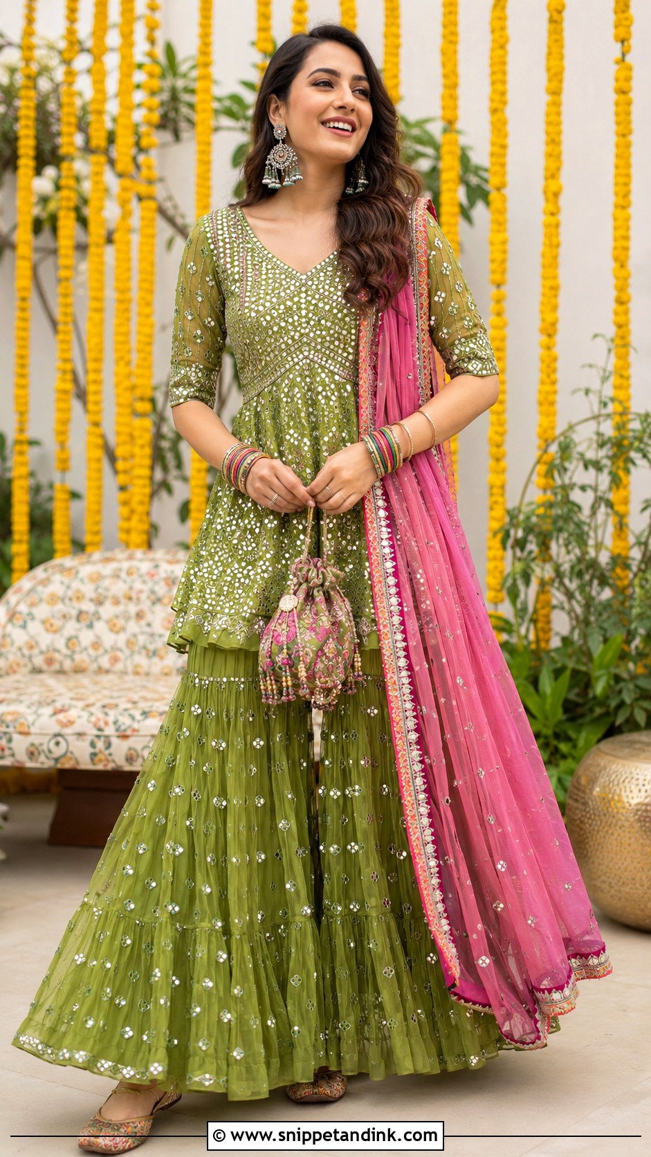 Green Mirror Work Net Sharara - Snippet and Ink - 20 Net Sharara Ideas