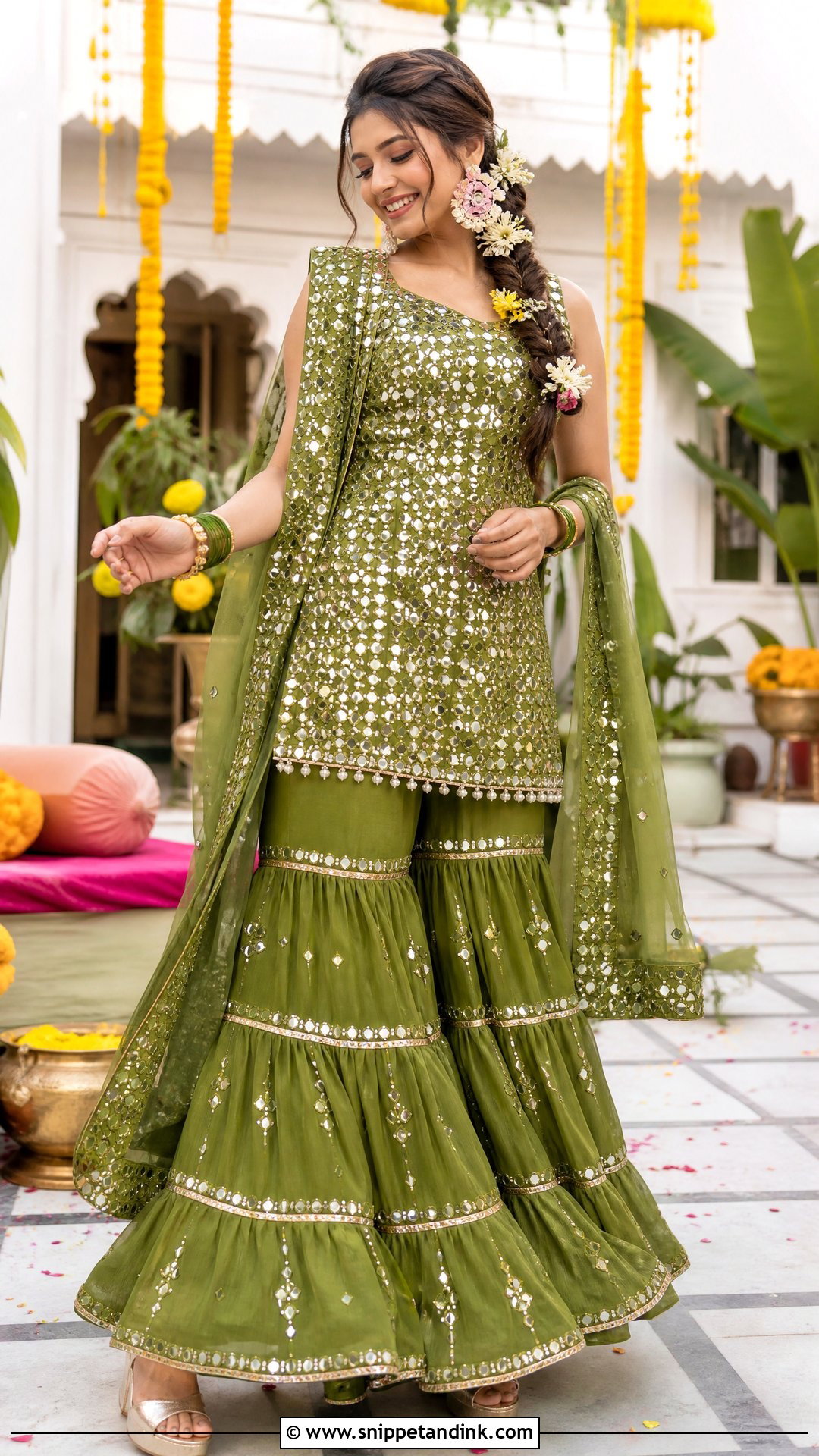 Green Mirror Work Punjabi Bridal Sharara Suit - Snippet and Ink - 20 Punjabi Bridal Wedding Suit Ideas
