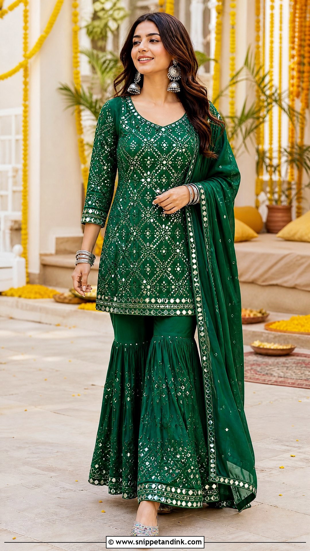 Green Mirror Work Sharara Suit - Snippet and Ink - 25 Heavy Sharara Suits for Wedding