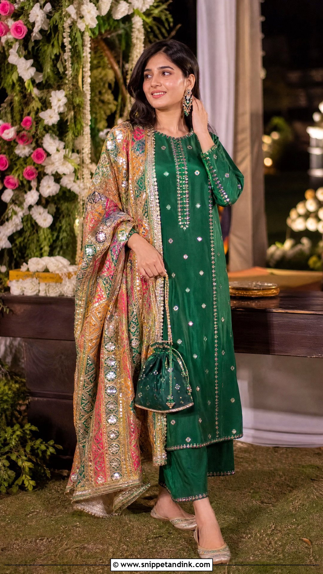 Green Mirror Work Suit for Mehndi - Snippet and Ink - 20 Suit for Mehndi Function Ideas