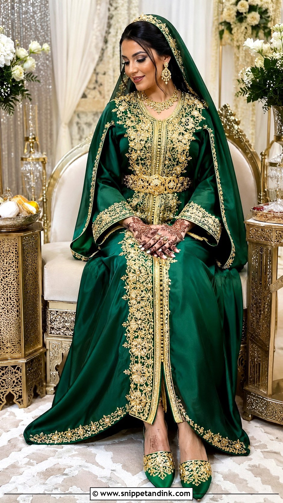 Green Moroccan Bride Henna Kaftan - Snippet and Ink - 20 Moroccan Bride Dress Ideas