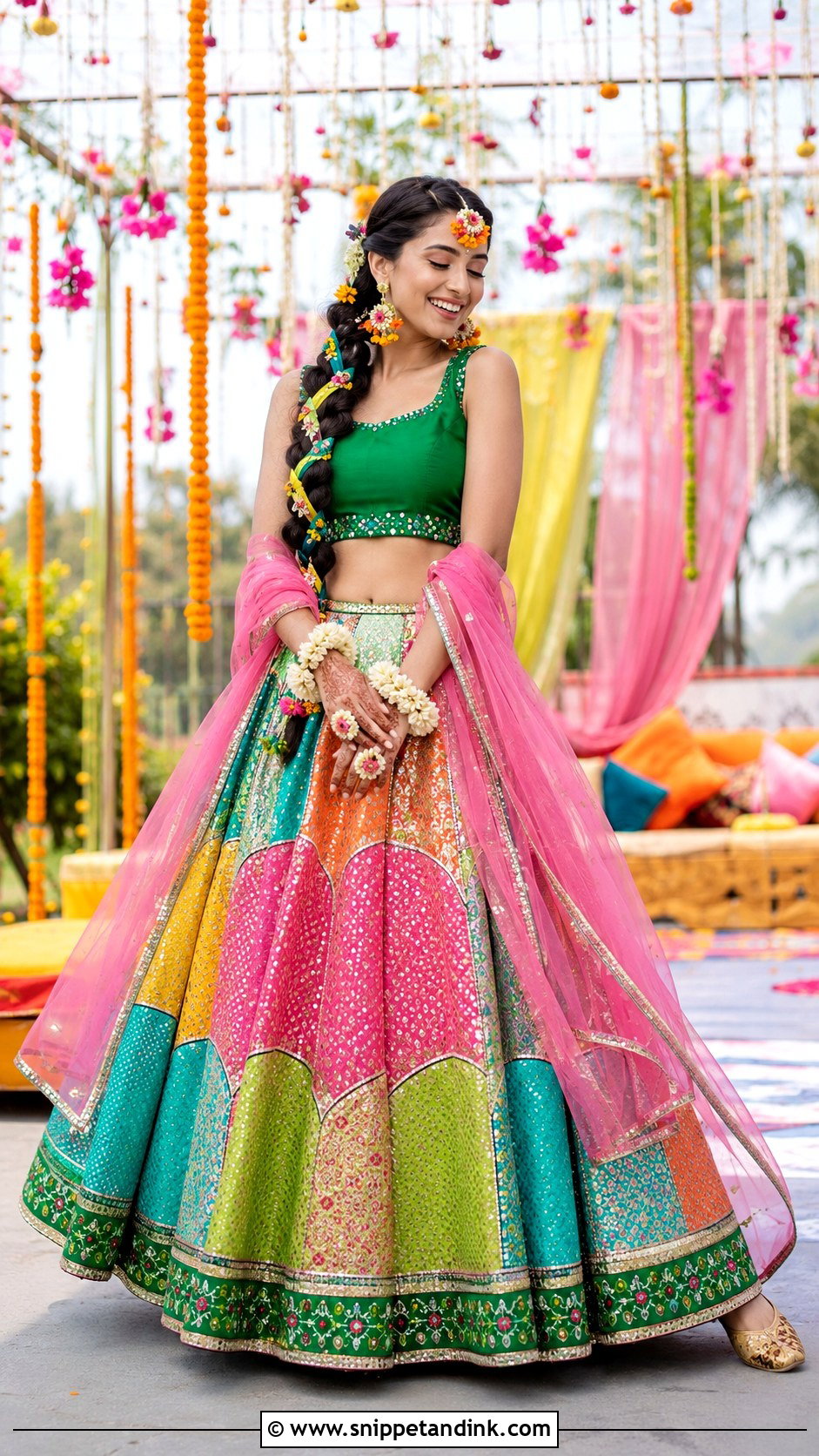 Green Multicolor Patchwork Bridal Mehndi Lehenga - Snippet and Ink - 20 Green Bridal Mehndi Outfit Ideas