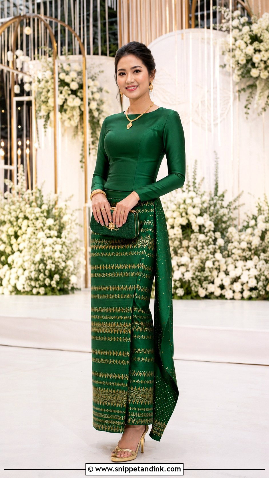 Green Myanmar Wedding Dress With Gold Jewelry - Snippet and Ink - 25 Myanmar Traditional Wedding Dress Ideas
