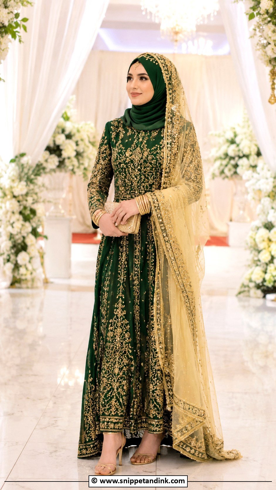 Green Nikah Dress With Gold Dupatta - Snippet and Ink - 30 Muslim Nikah Dresses