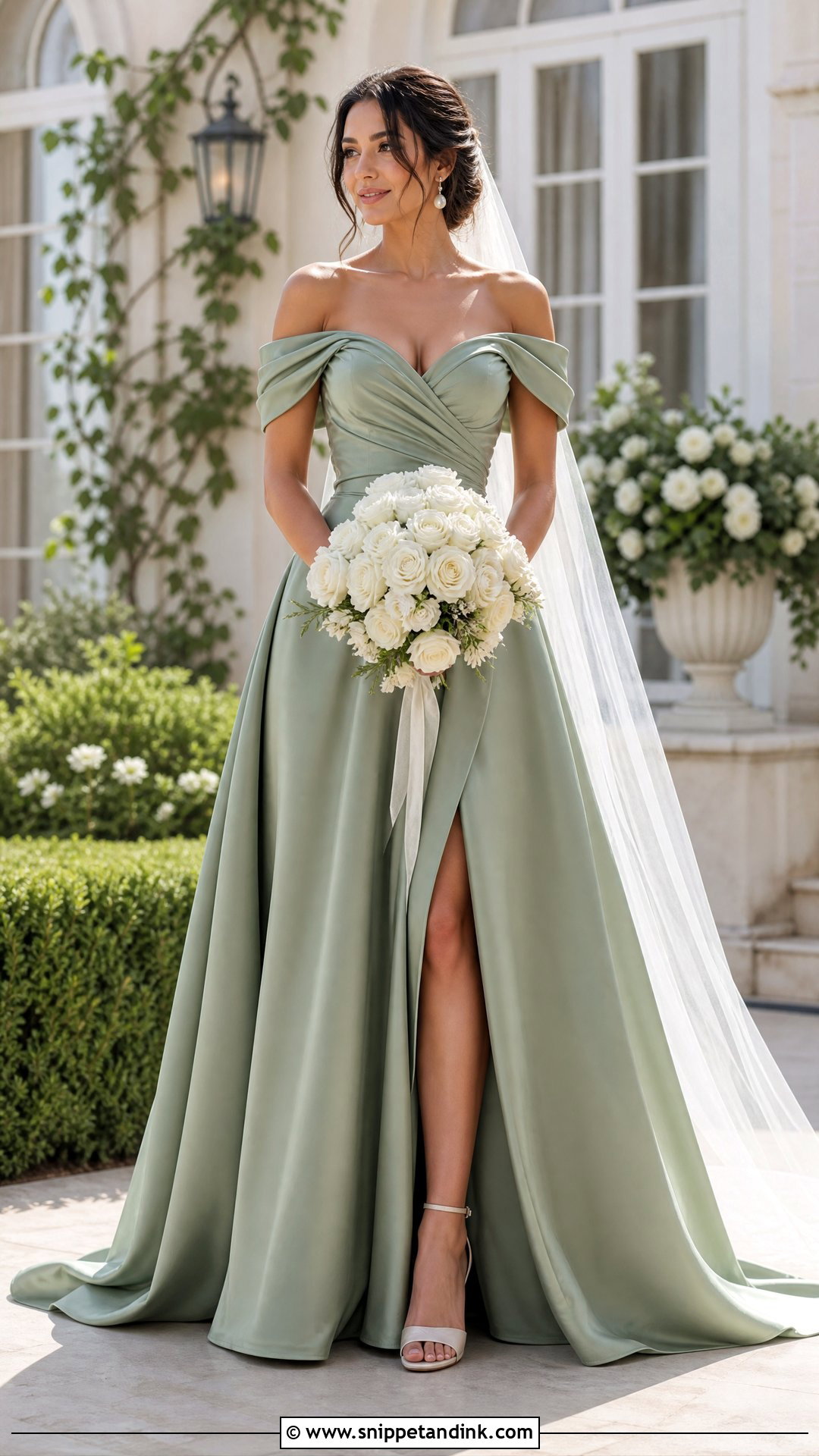 Green Off Shoulder Wedding Dress With White Bouquet - Snippet and Ink - 25 Green Wedding Dress for Bride Ideas