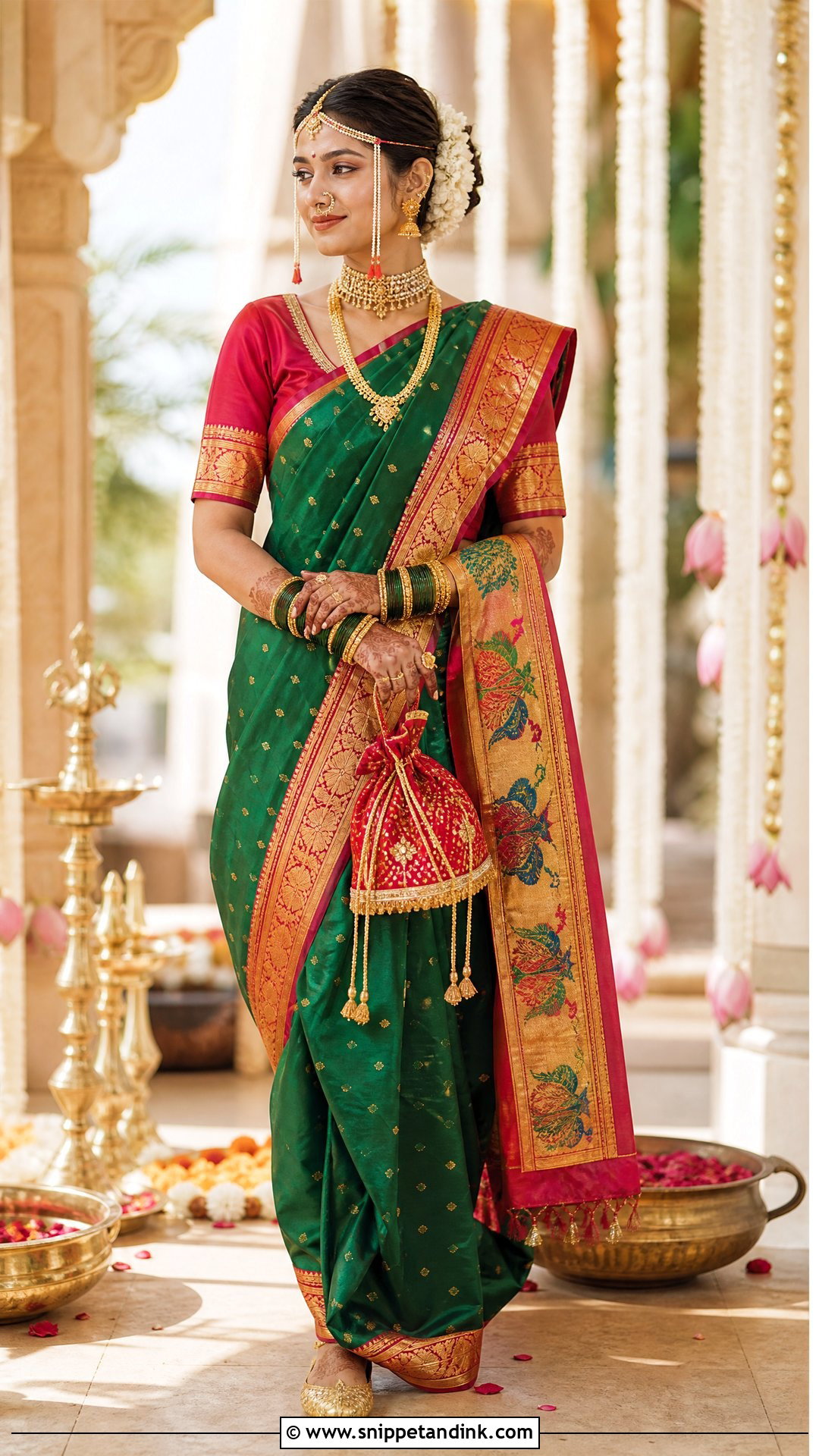 Green Paithani Marathi Bride Look - Snippet and Ink - 20 Simple Marathi Bride Look Ideas