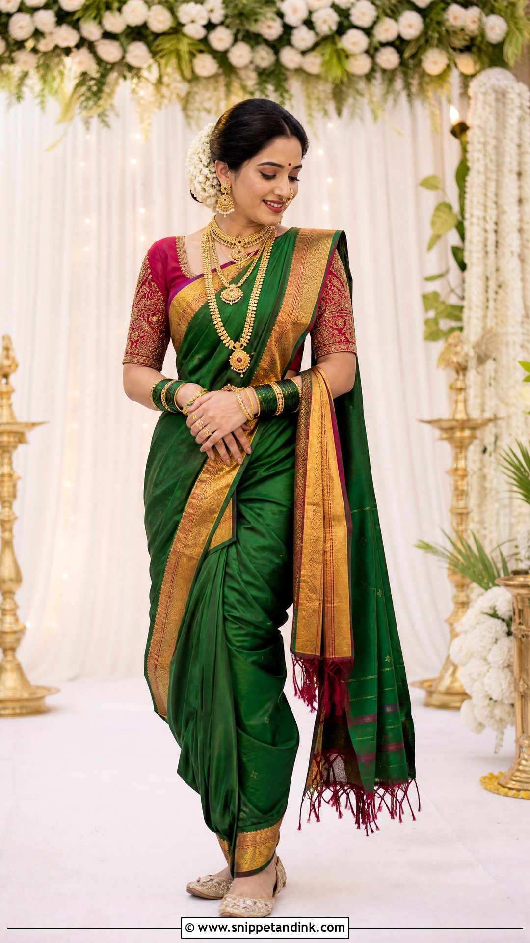 Green Paithani Nauwari Bride Look - Snippet and Ink - 25 Nauwari Bride Look Ideas