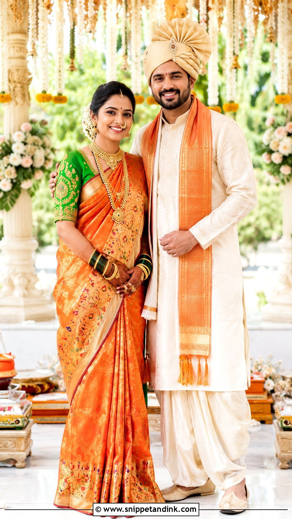 Green Paithani Saree And Cream Sherwani Couple Outfit - Snippet and Ink - 25 Maharashtrian Wedding Couple Outfits