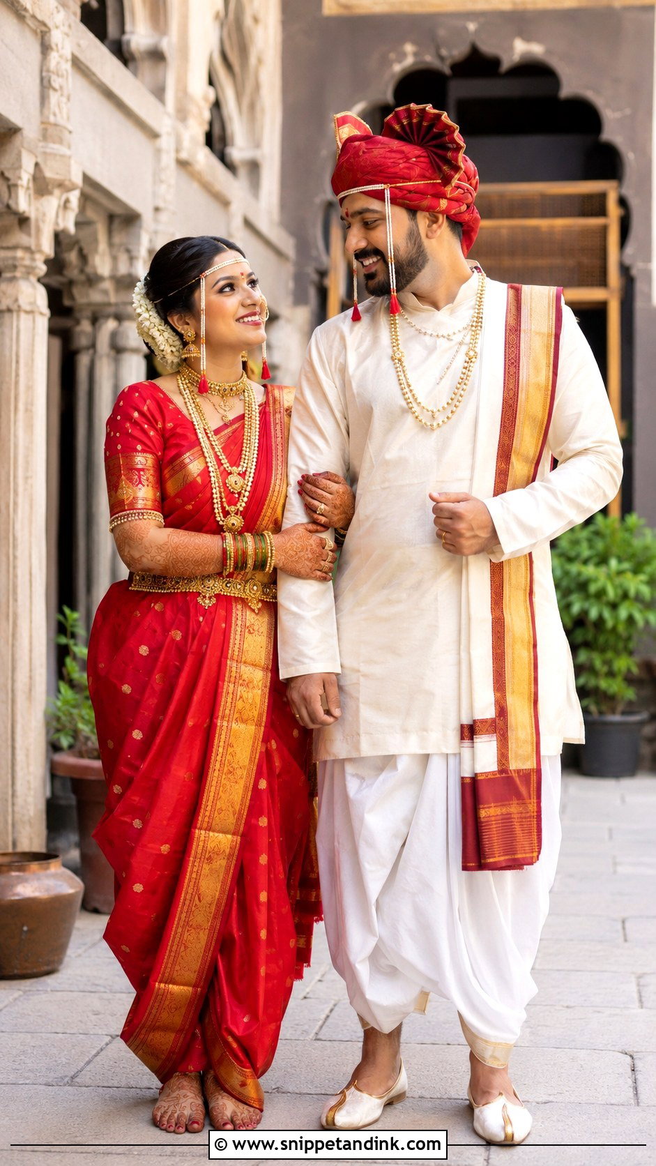 Green Paithani Saree And Ivory Peshwai Groom Look - Snippet and Ink - 25 Peshwai Look for Wedding Couple Ideas