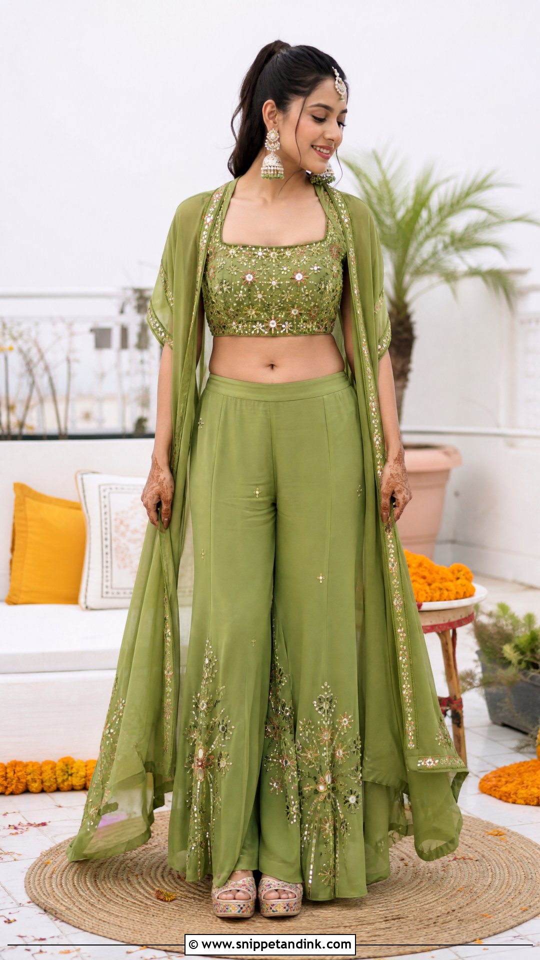 Green Palazzo Co Ord Mehndi Outfit - Snippet and Ink - 25 Mehndi Function Dress Outfit for Bride Ideas