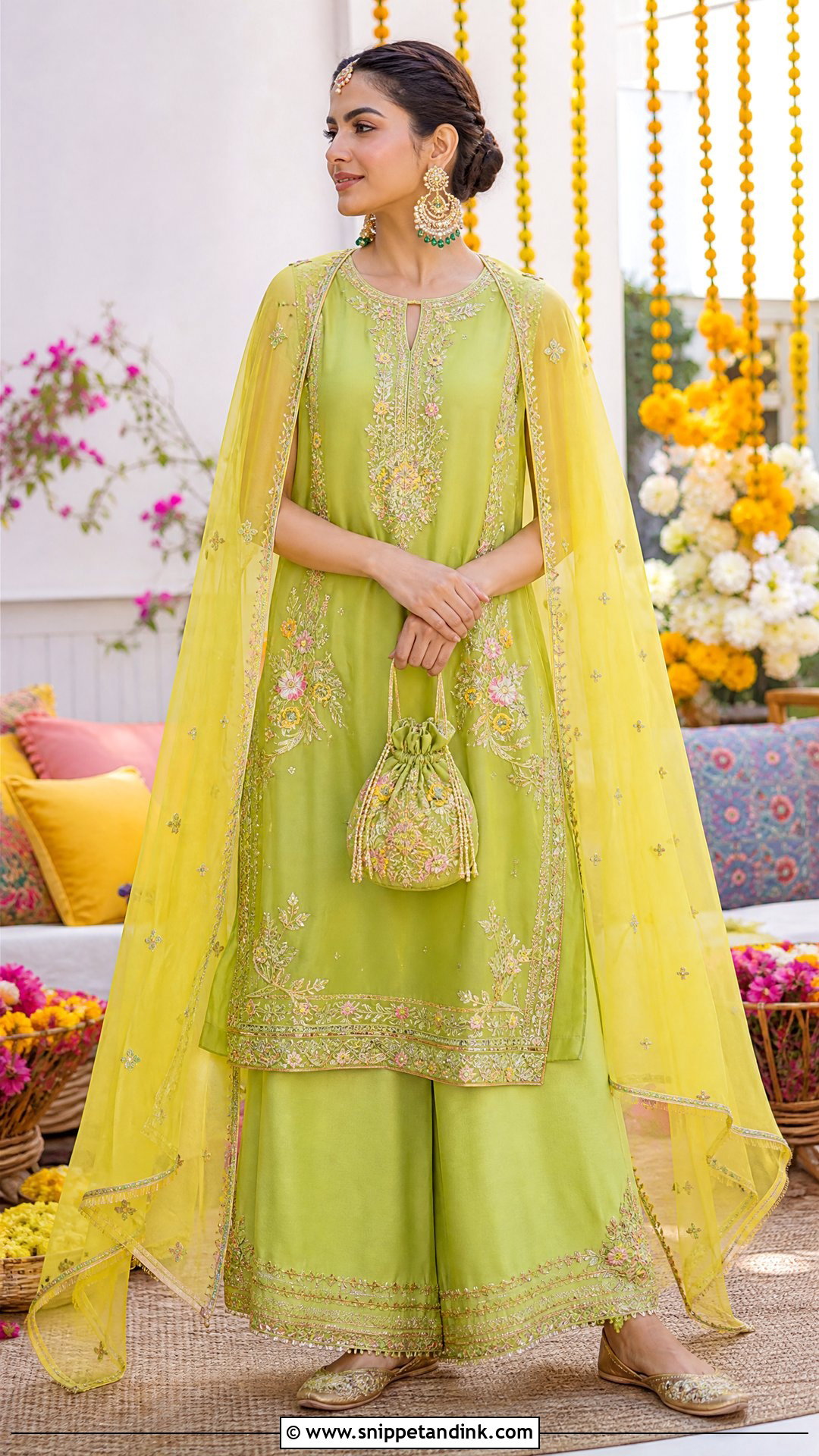 Green Palazzo Mehndi Bridal Kurta Set - Snippet and Ink - 25 Mehndi Bridal Dress Ideas