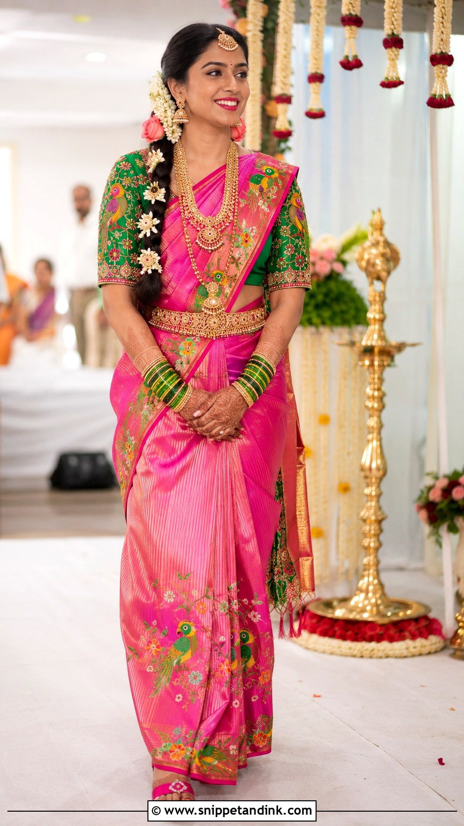 Green Parrot Maggam Work Blouse With Pink Saree - Snippet and Ink - 20 Maggam Work Blouse Designs Bridal Indian Weddings