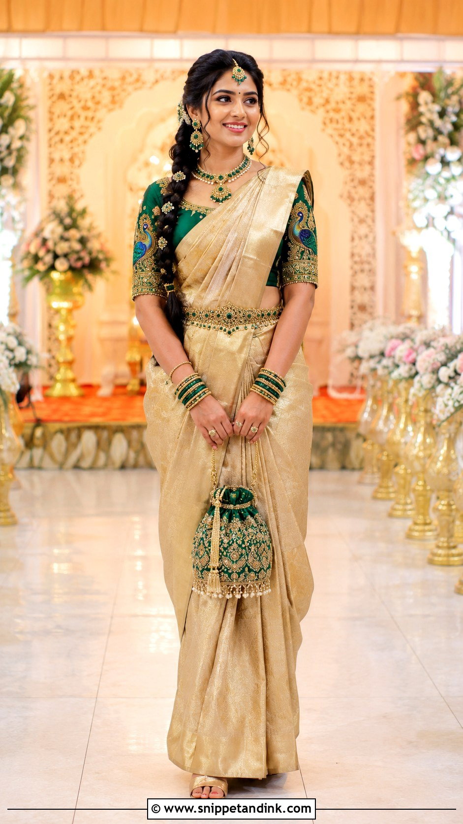 Green Peacock Blouse With Gold Silk Saree - Snippet and Ink - 20 Grand Blouse Designs for Marriage