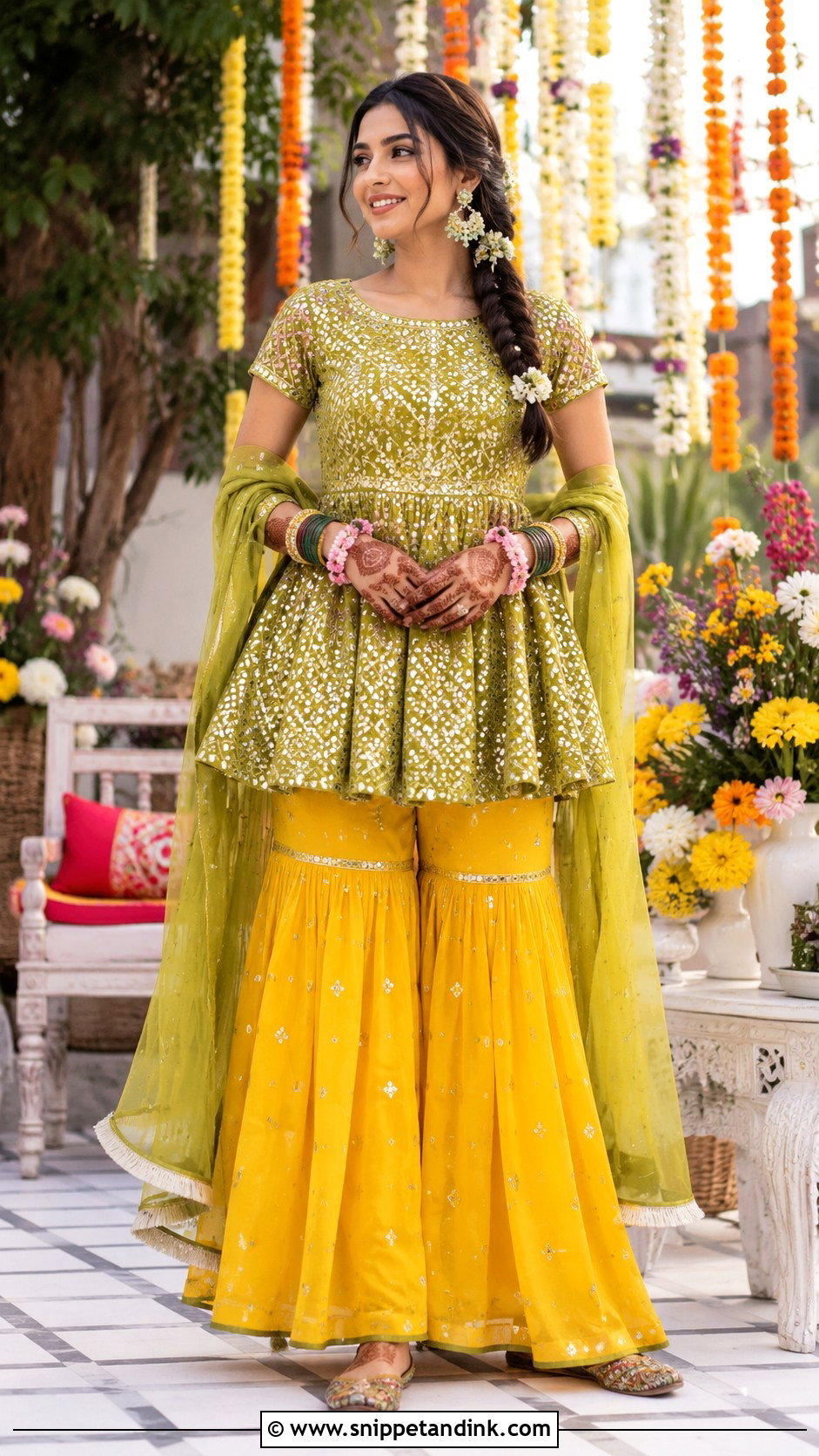Green Peplum Sharara Bride Mehandi Outfit - Snippet and Ink - 20 Bride Mehandi Outfit Ideas