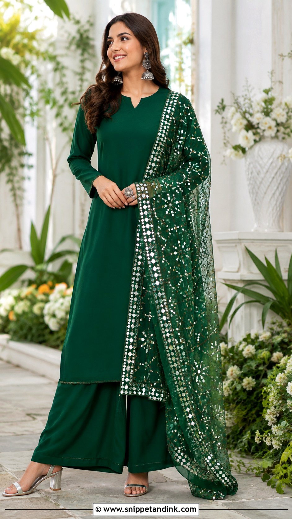 Green Plain Suit With Heavy Mirror Work Dupatta - Snippet and Ink - 30 Plain Suit with Heavy Dupatta Ideas