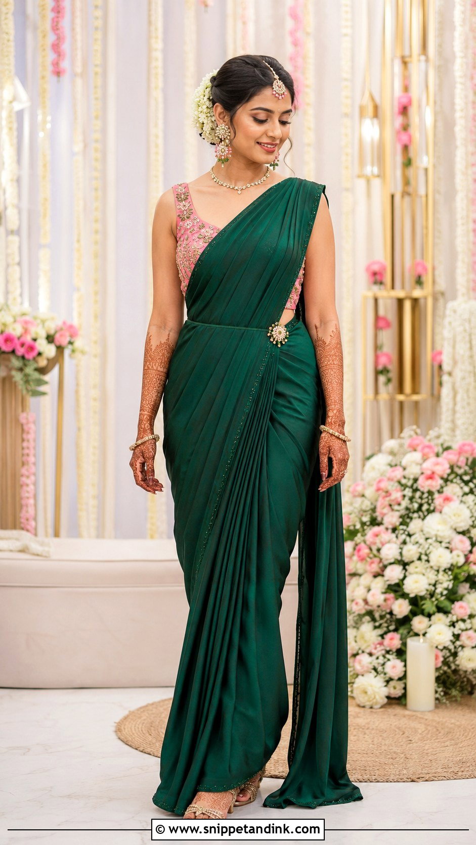 Green Pre Draped Saree Mehndi Outfit - Snippet and Ink - 20 Mehndi Ceremony Outfit for Bride Ideas