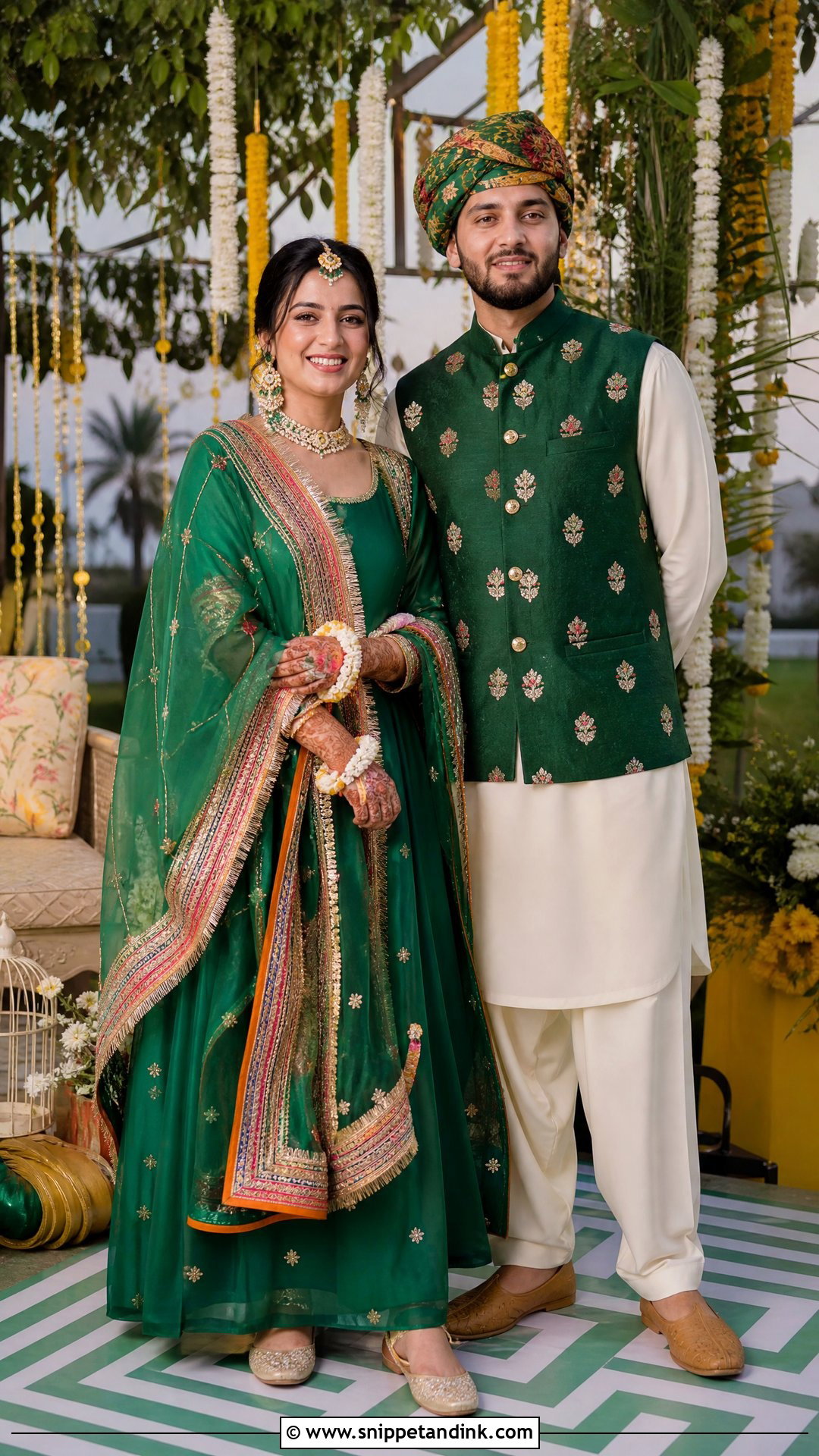 Green Rajputi Mehndi Couple Outfit - Snippet and Ink - 20 Rajputi Couple Ideas